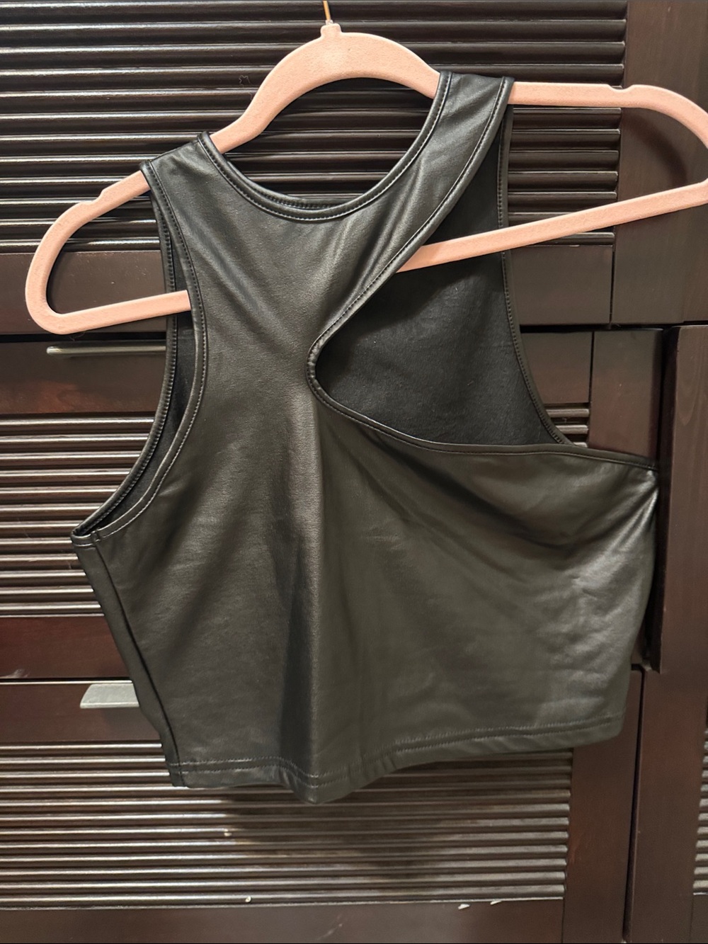 SHEIN Black Faux Leather Asymmetric Cutout Crop Top